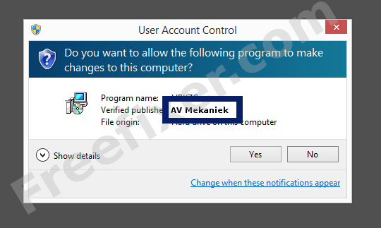 Screenshot where AV Mekaniek appears as the verified publisher in the UAC dialog